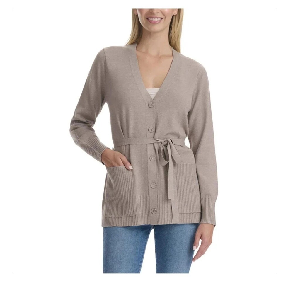 Splendid Belted Cardigan Sweater Women's M 6-8 Taupe Tawny Button Front Pockets